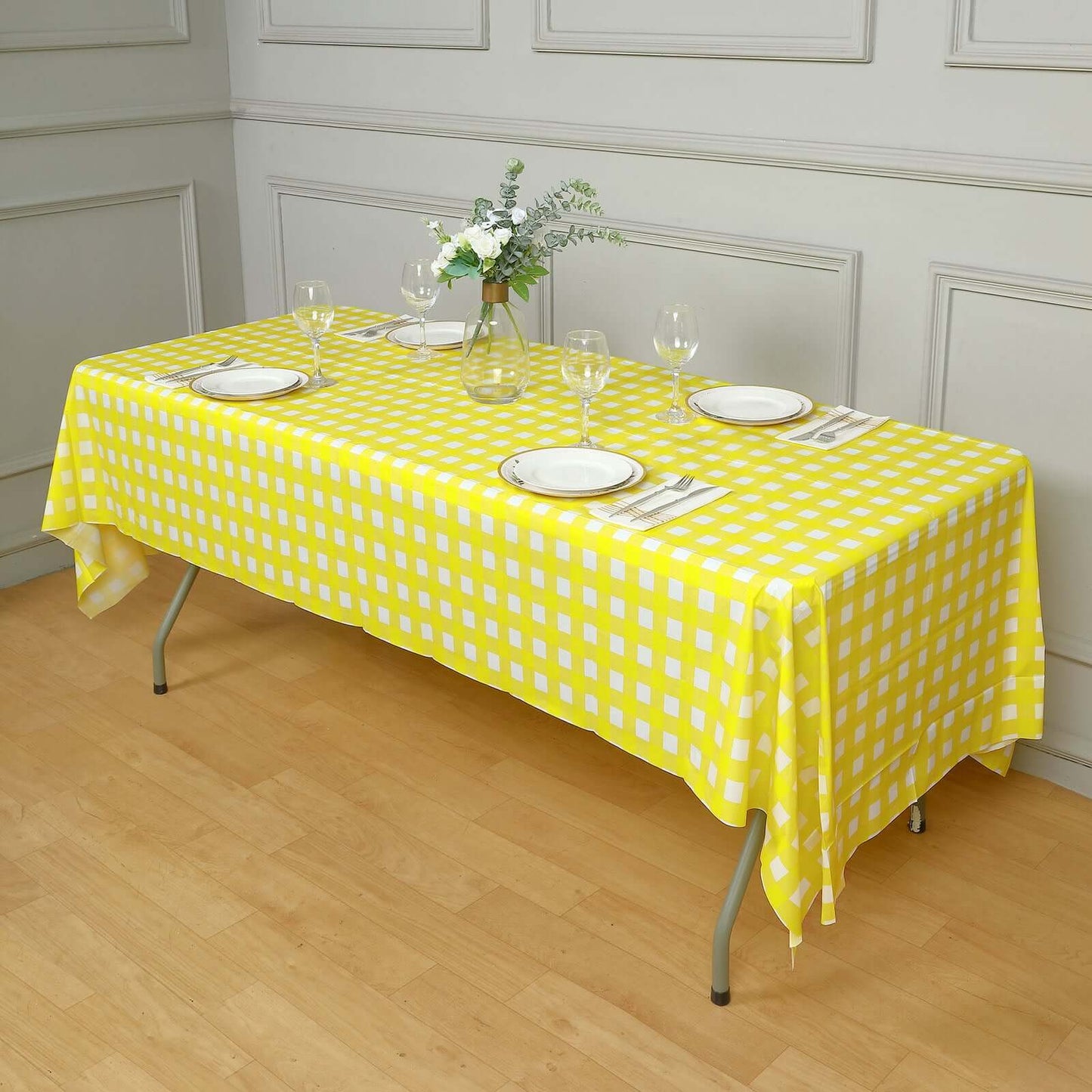 Plastic Table Cover White/Yellow Checkered Rectangle - Lightweight PVC Disposable Tablecloth 54"x108" - NestOCart
