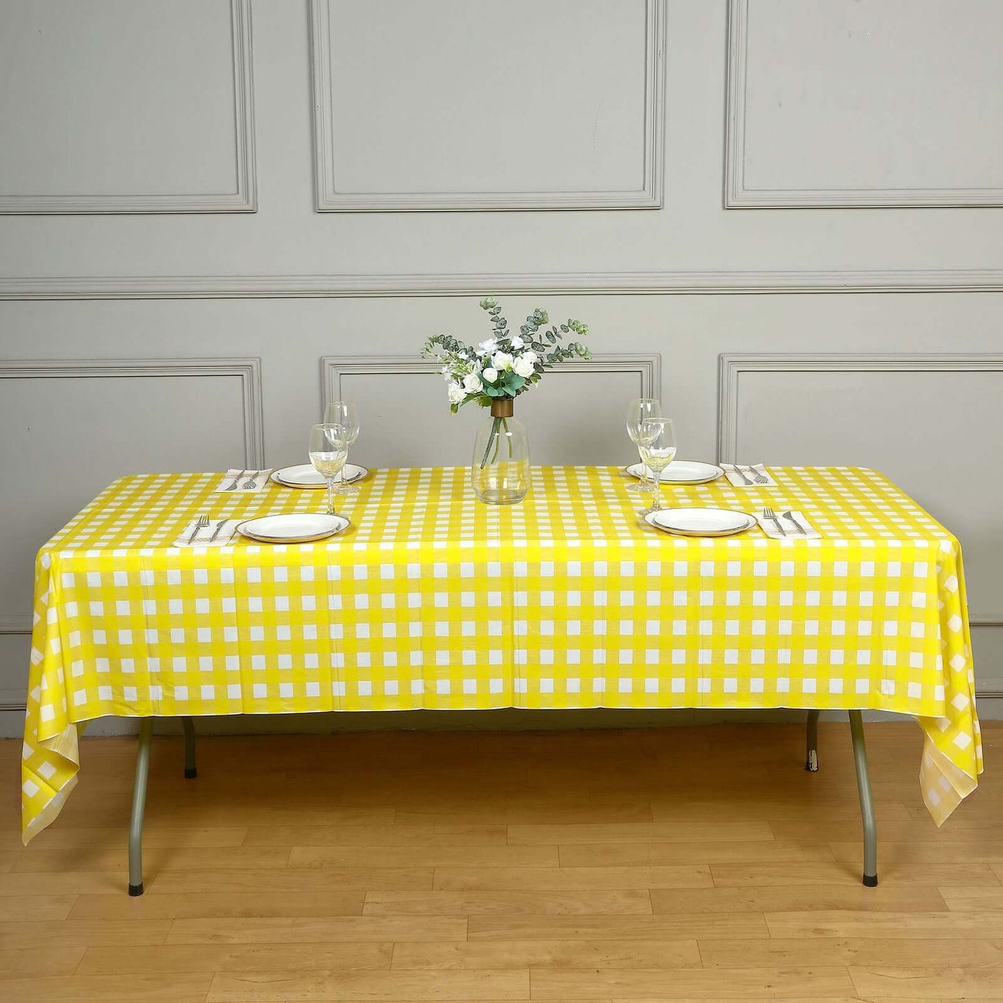 Plastic Table Cover White/Yellow Checkered Rectangle - Lightweight PVC Disposable Tablecloth 54"x108" - NestOCart