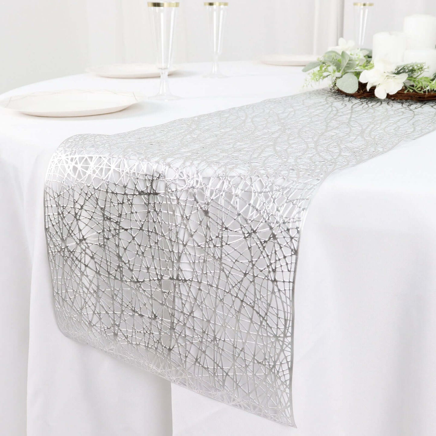 Plastic Woven Vinyl 13"x6ft Table Runner Metallic Silver - Non - Slip & Reversible Tabletop Decor - Bell Racket Store