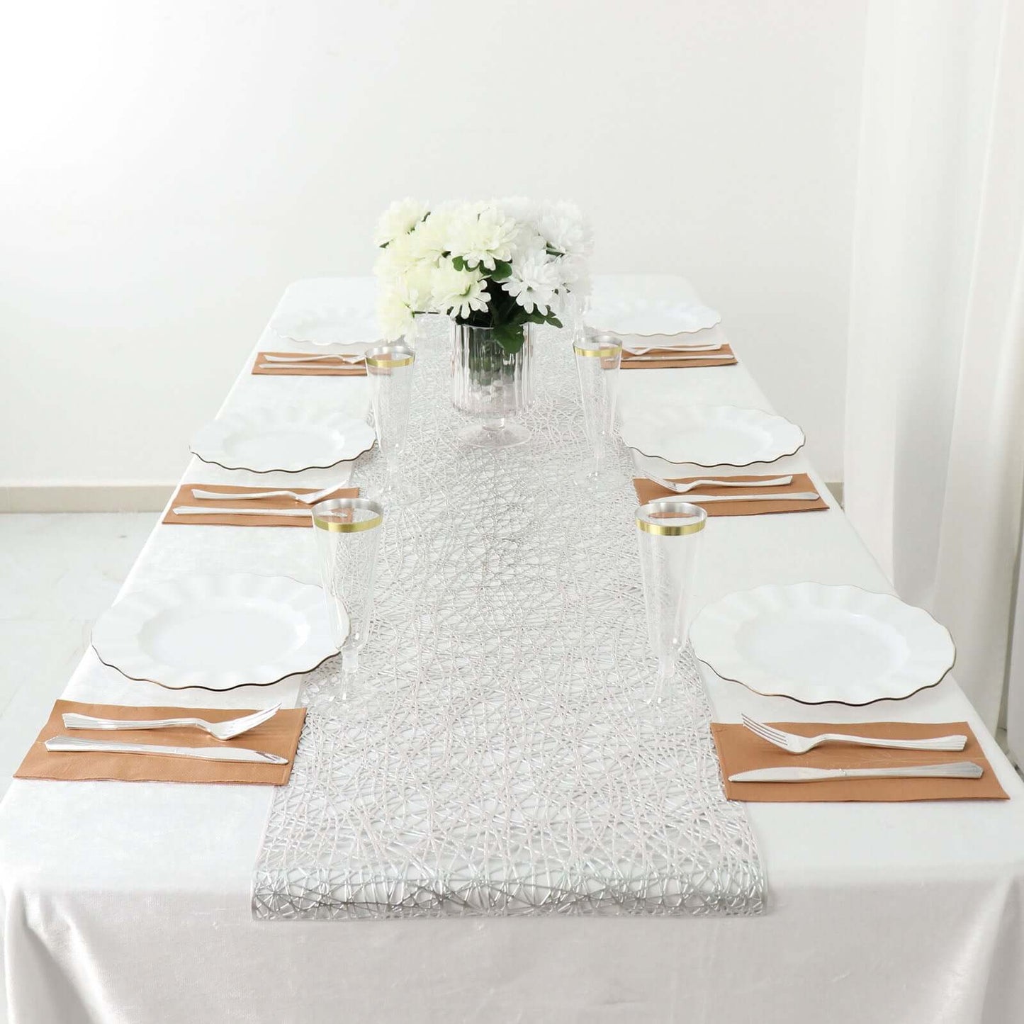 Plastic Woven Vinyl 13"x6ft Table Runner Metallic Silver - Non - Slip & Reversible Tabletop Decor - Bell Racket Store