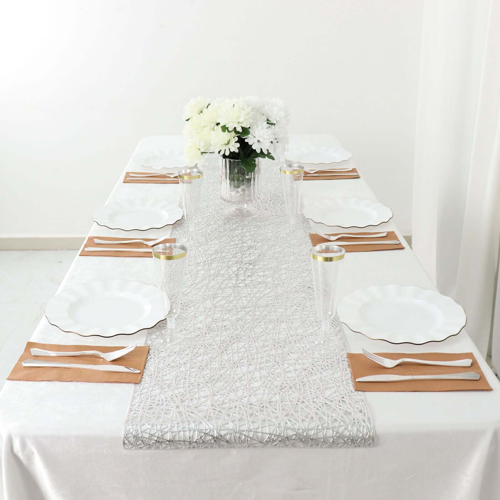 Plastic Woven Vinyl 13"x6ft Table Runner Metallic Silver - Non - Slip & Reversible Tabletop Decor - Bell Racket Store