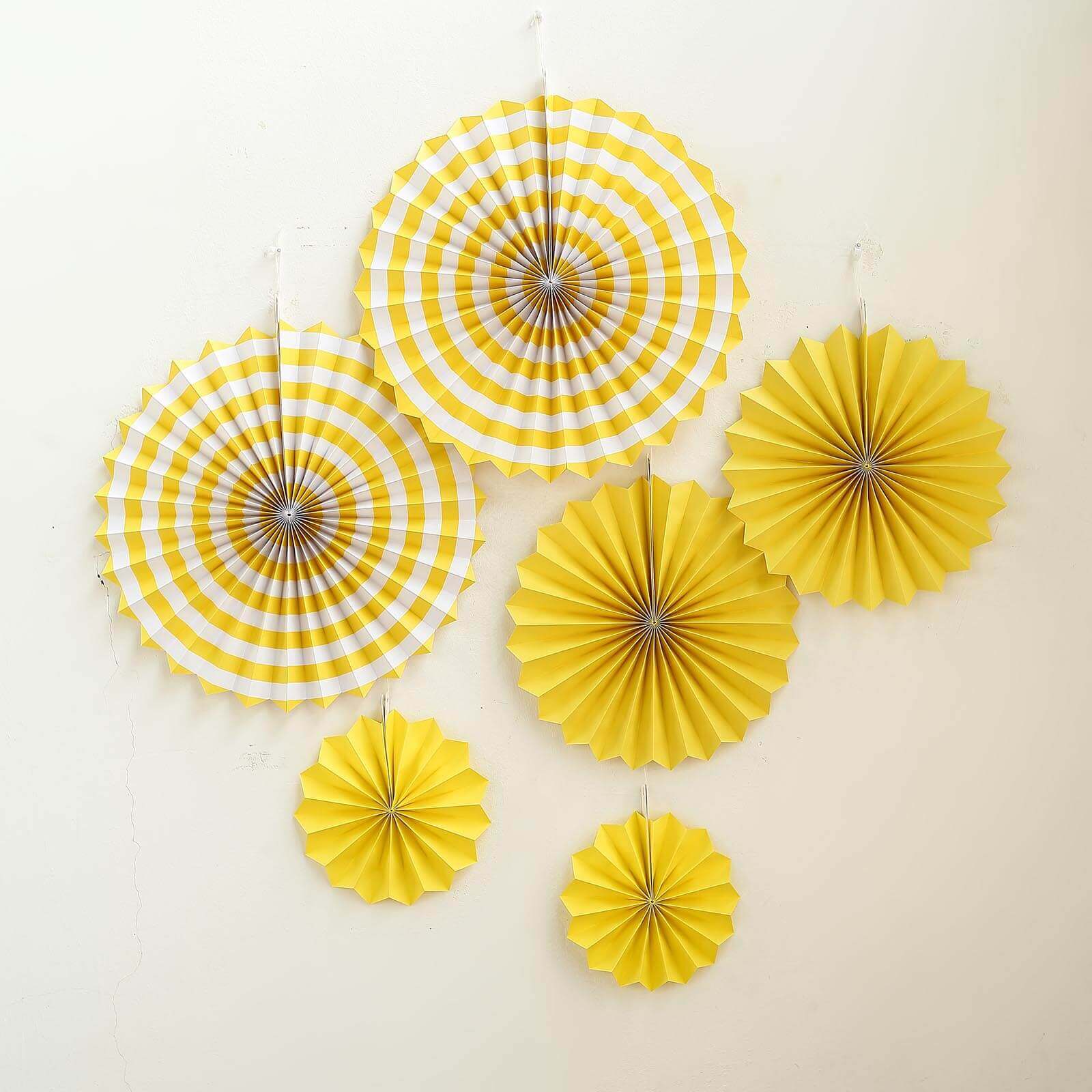 Set of 6 Yellow Hanging Paper Fan Decorations, Pinwheel Wall Backdrop Party Kit - 8", 12", 16"