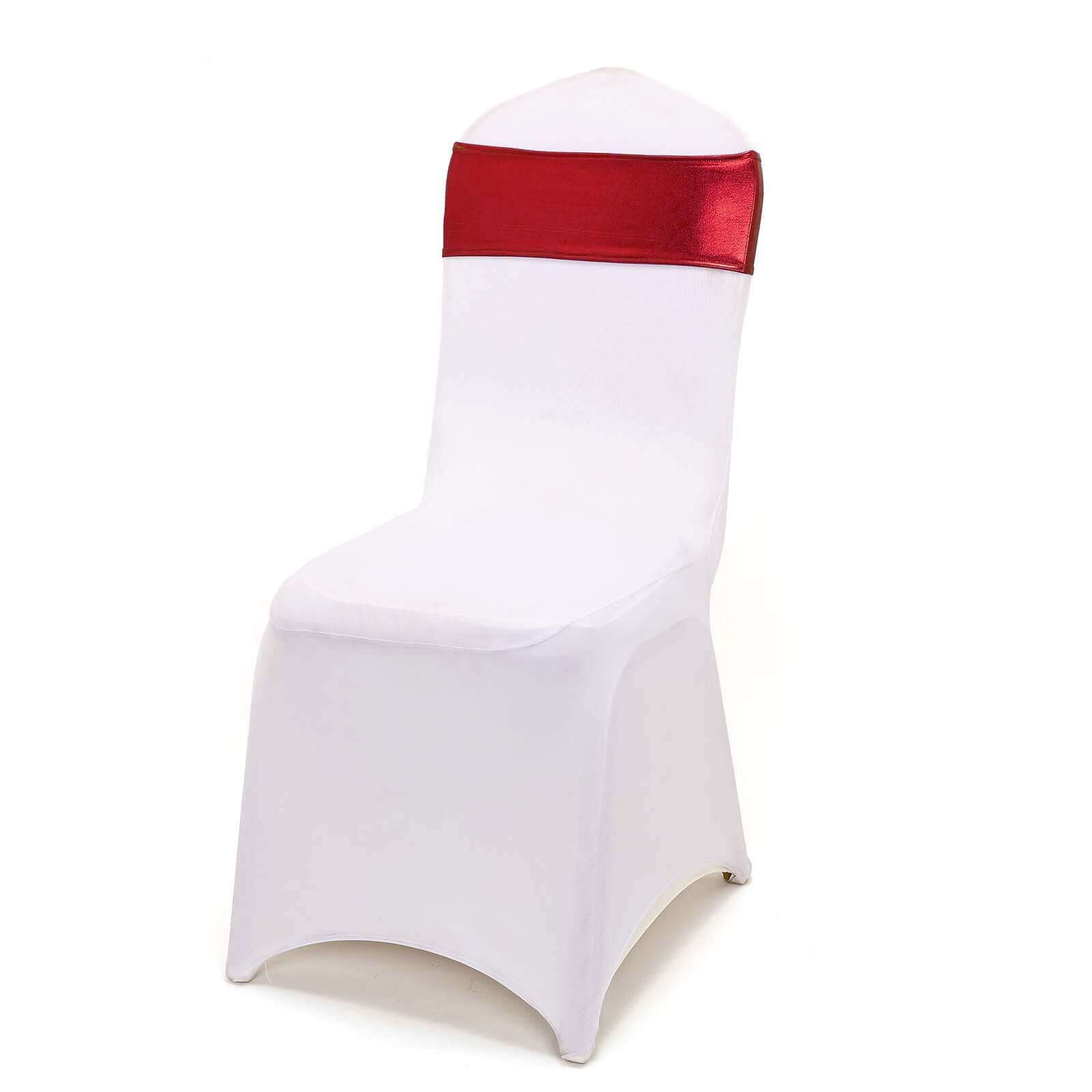 5 Pack Metallic Spandex Chair Sashes Burgundy - Stretch Fit Chair Bands With Round Diamond Buckles