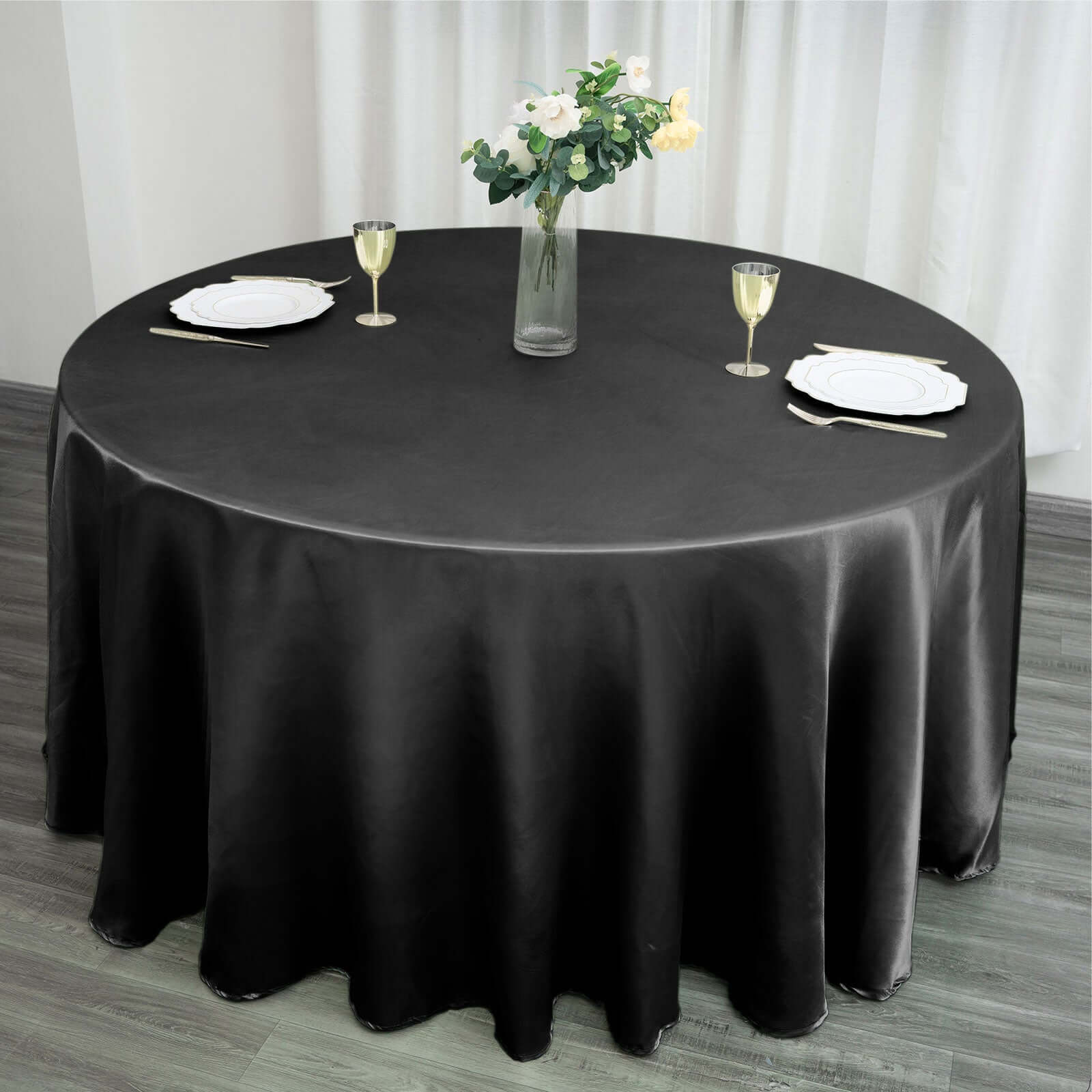 Satin 120" Round Tablecloth Black - Stylish Seamless Table Cover for Weddings & Events