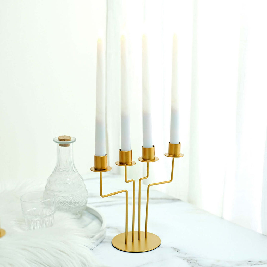 2-Pack Geometric Taper Candelabra 4 Arm Design Gold Metal Decorative Centerpiece - Perfect for Events 8"