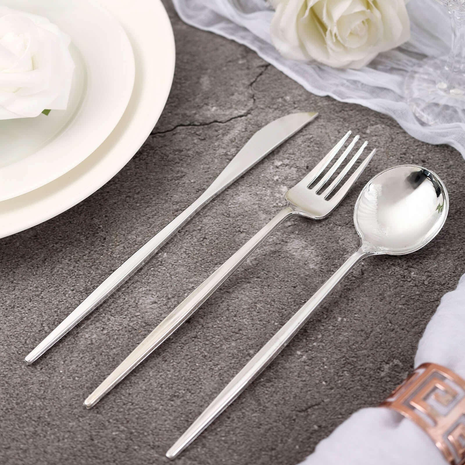 24-Pack Plastic Flatware Set with Sleek Modern Design Silver - Premium Disposable Silverware 8"