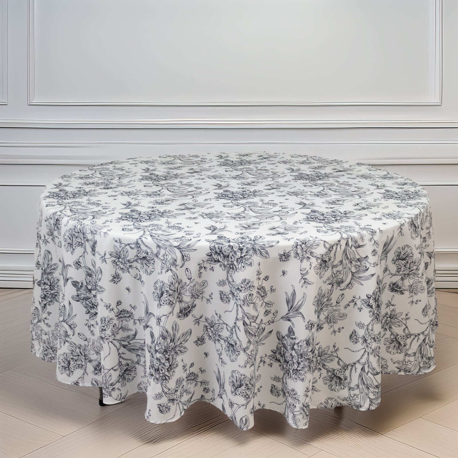 Polyester 108" Round Tablecloth White - Black French Toile Pattern for Chic Weddings - Bell Racket Store