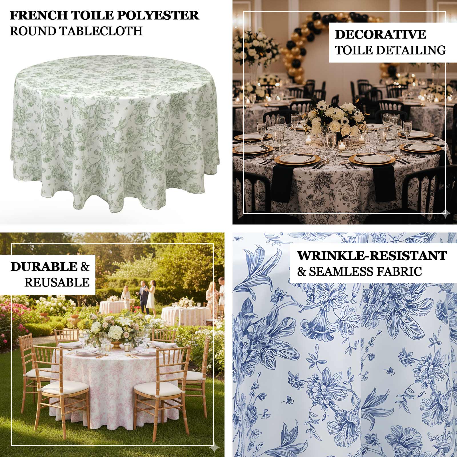 Polyester 108" Round Tablecloth White - Black French Toile Pattern for Chic Weddings - Bell Racket Store