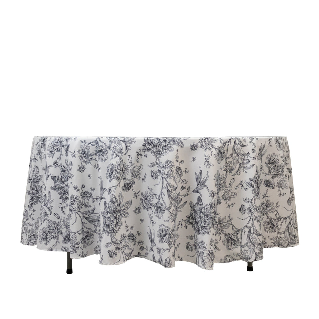 Polyester 108" Round Tablecloth White - Black French Toile Pattern for Chic Weddings - Bell Racket Store