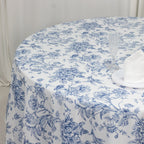 Polyester 108" Round Tablecloth White - Blue French Toile Pattern for Chic Weddings - Bell Racket Store