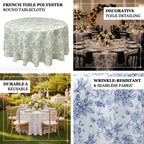 Polyester 108" Round Tablecloth White - Blue French Toile Pattern for Chic Weddings - Bell Racket Store