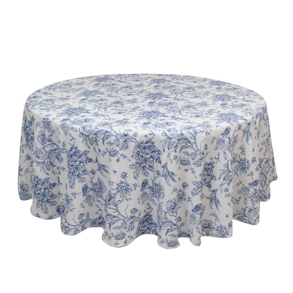 Polyester 108" Round Tablecloth White - Blue French Toile Pattern for Chic Weddings - Bell Racket Store