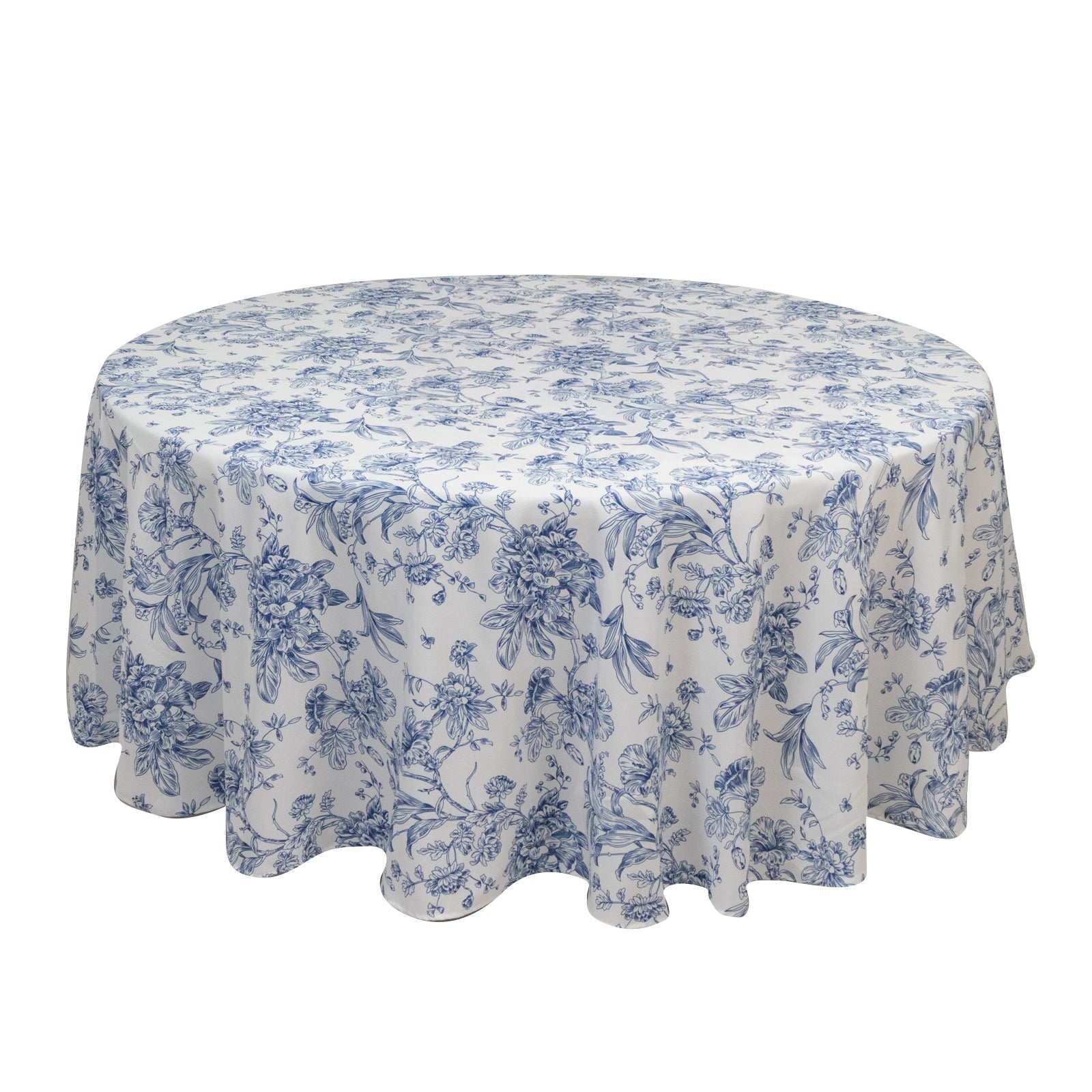 Polyester 108" Round Tablecloth White - Blue French Toile Pattern for Chic Weddings - Bell Racket Store