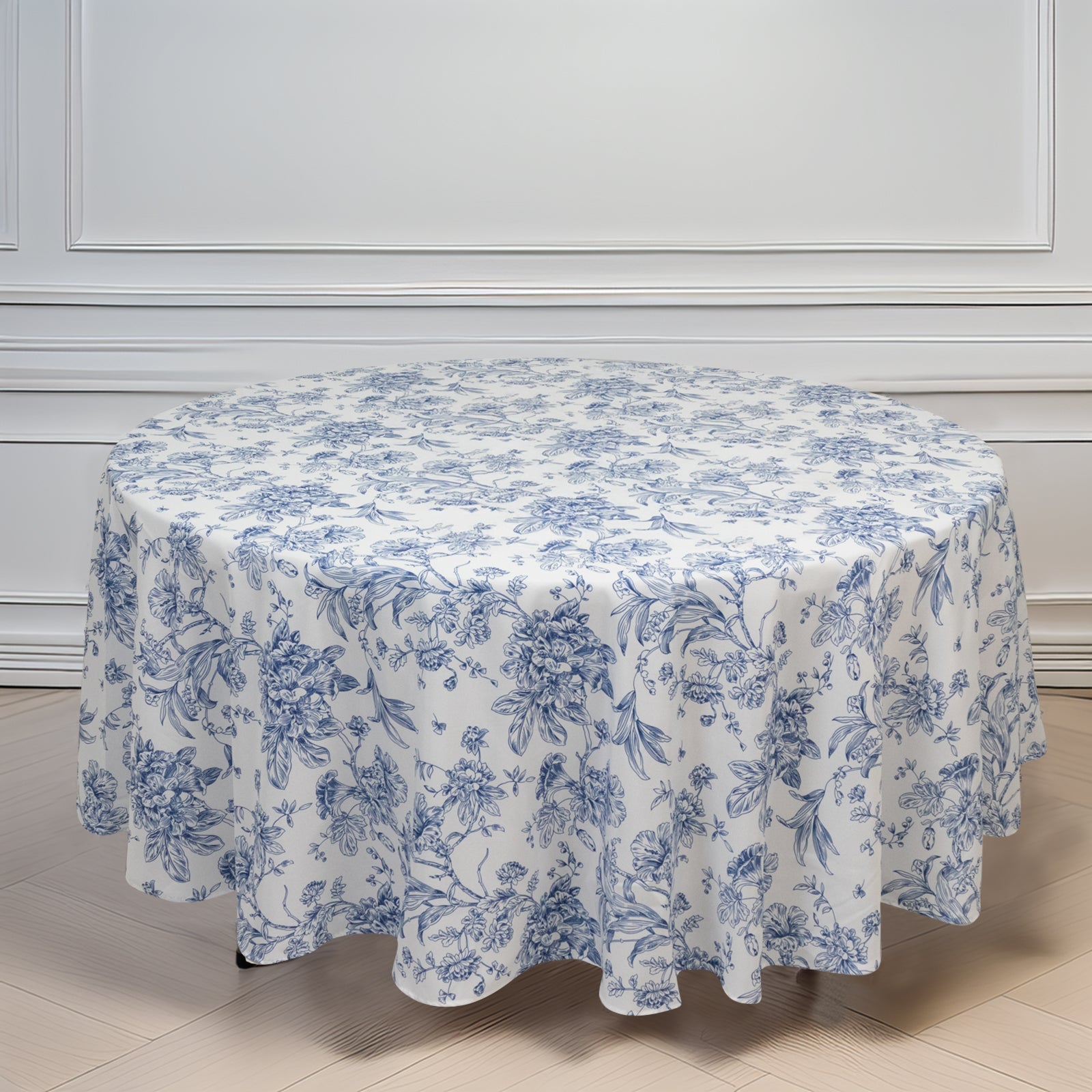Polyester 108" Round Tablecloth White - Blue French Toile Pattern for Chic Weddings - Bell Racket Store