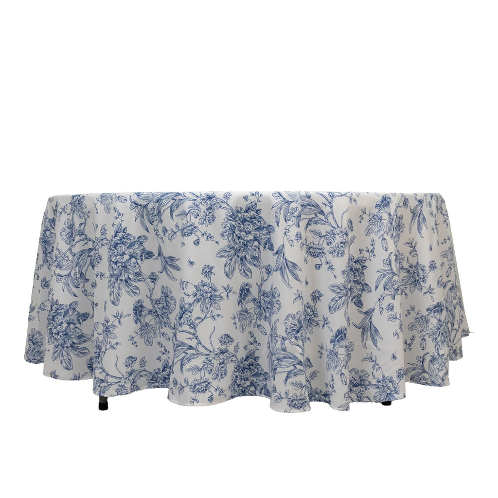 Polyester 108" Round Tablecloth White - Blue French Toile Pattern for Chic Weddings - Bell Racket Store