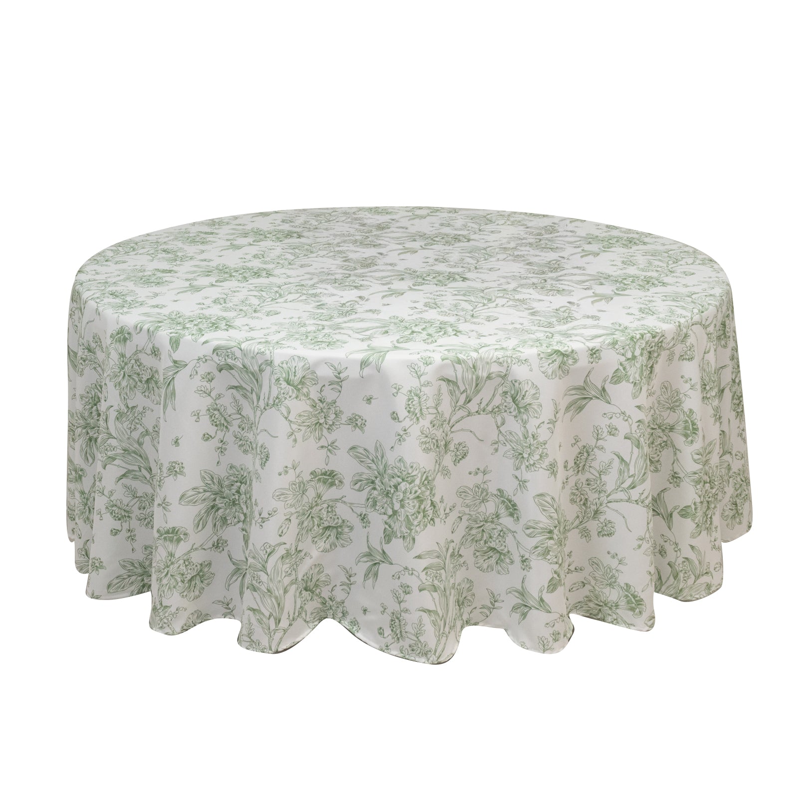 Polyester 108" Round Tablecloth White - Dusty Sage Green French Toile Pattern for Chic Weddings - Bell Racket Store