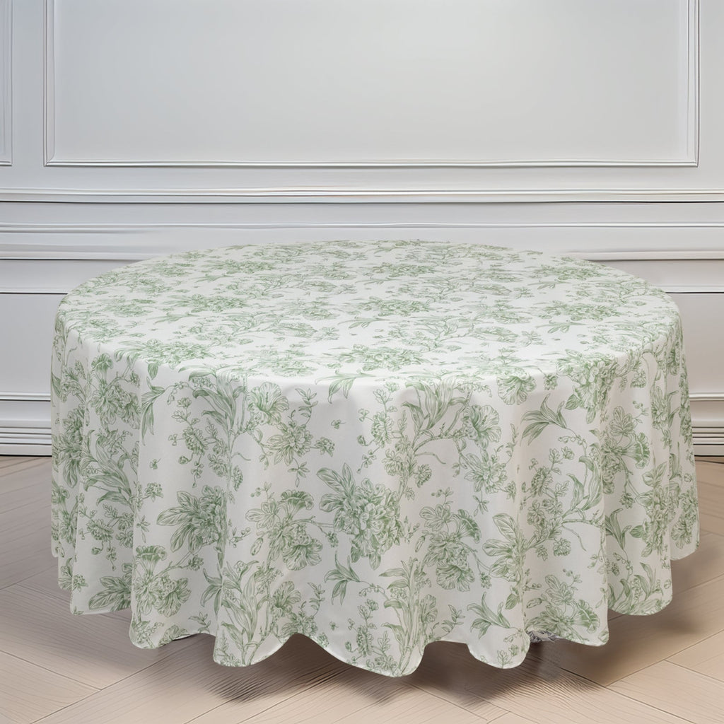 Polyester 108" Round Tablecloth White - Dusty Sage Green French Toile Pattern for Chic Weddings - Bell Racket Store