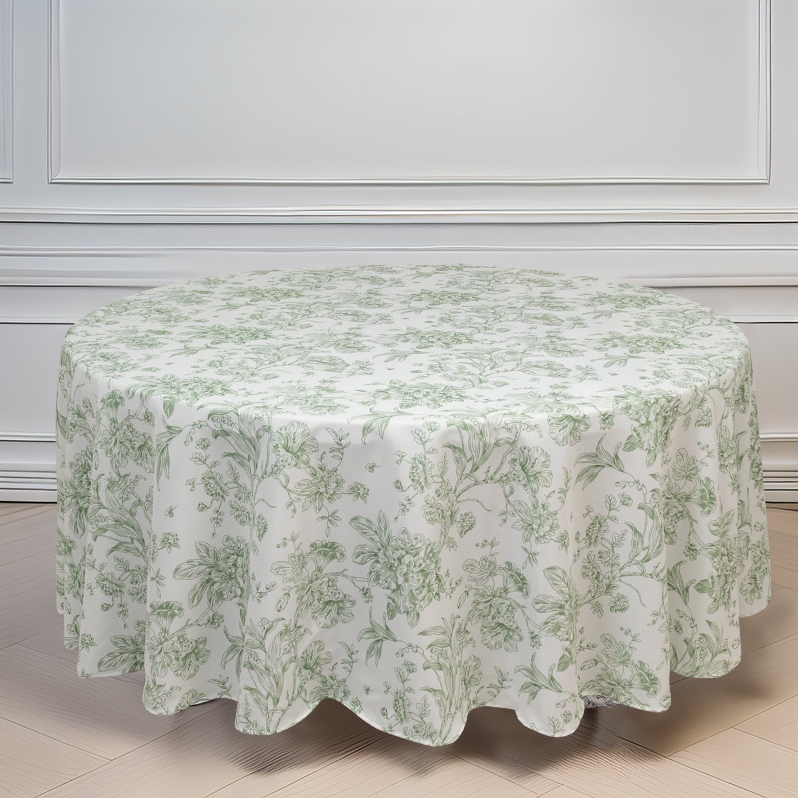 Polyester 108" Round Tablecloth White - Dusty Sage Green French Toile Pattern for Chic Weddings - Bell Racket Store