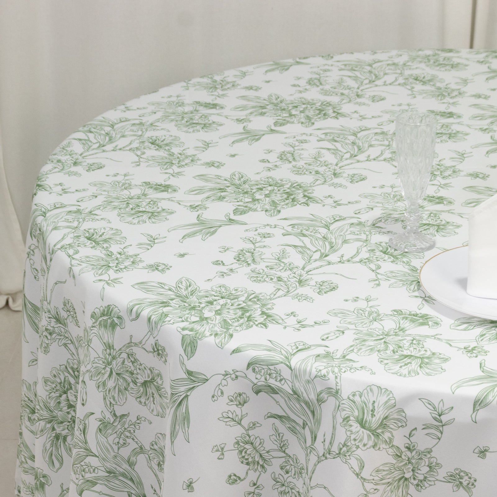 Polyester 108" Round Tablecloth White - Dusty Sage Green French Toile Pattern for Chic Weddings - Bell Racket Store
