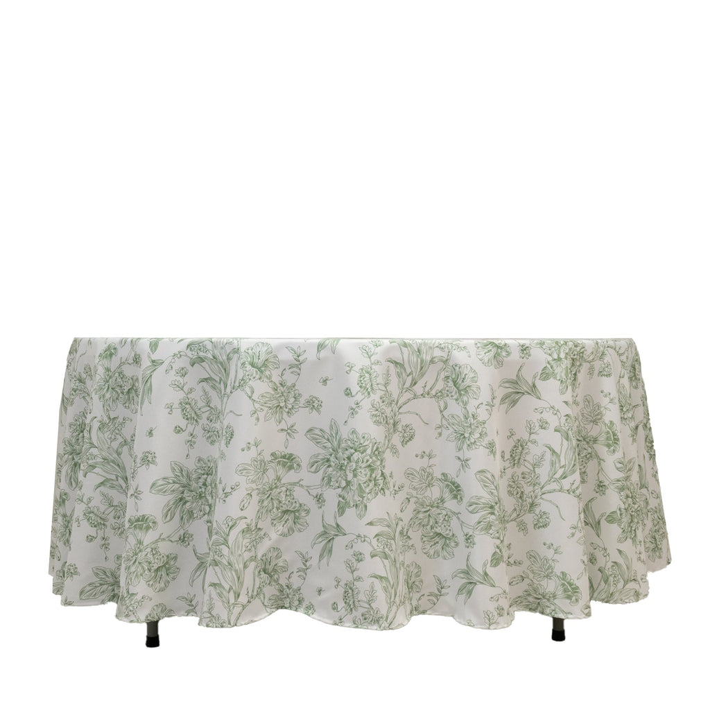Polyester 108" Round Tablecloth White - Dusty Sage Green French Toile Pattern for Chic Weddings - Bell Racket Store