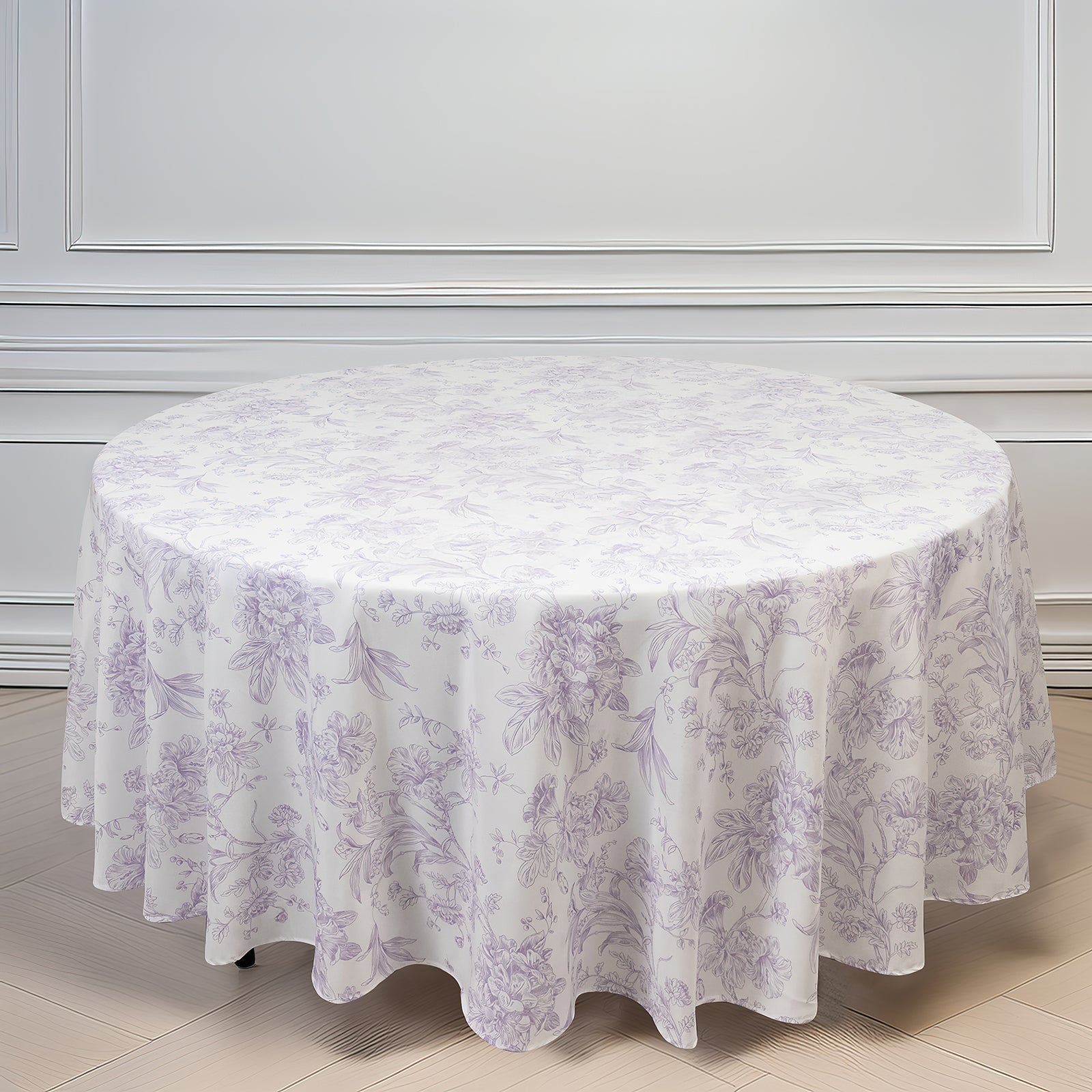 Polyester 108" Round Tablecloth White - Lavender Lilac French Toile Pattern for Chic Weddings - Bell Racket Store