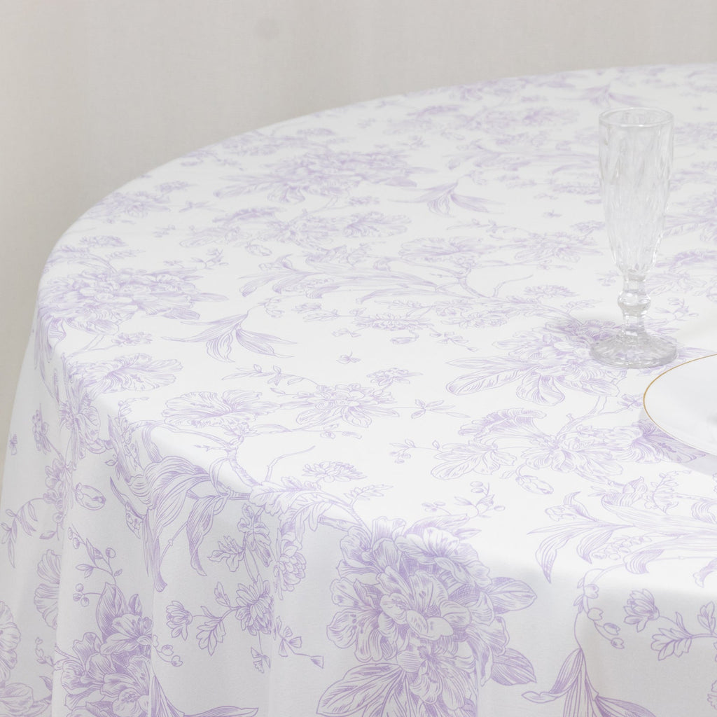 Polyester 108" Round Tablecloth White - Lavender Lilac French Toile Pattern for Chic Weddings - Bell Racket Store