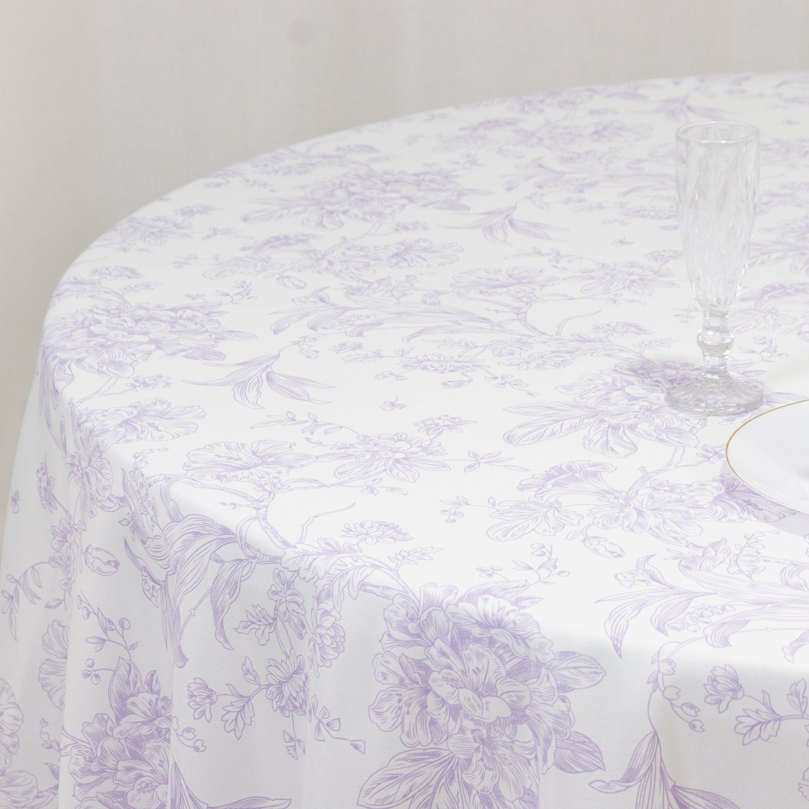 Polyester 108" Round Tablecloth White - Lavender Lilac French Toile Pattern for Chic Weddings - Bell Racket Store
