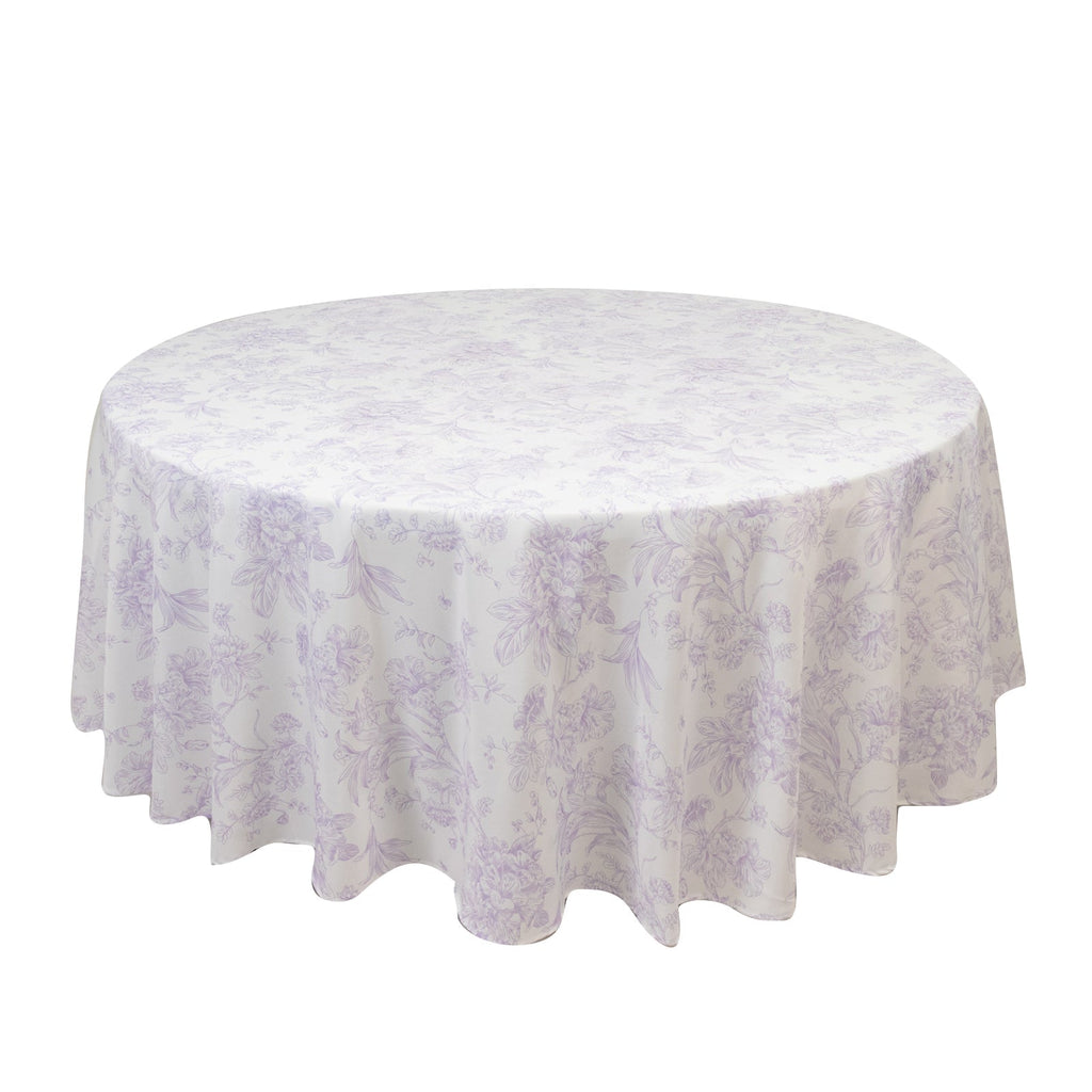 Polyester 108" Round Tablecloth White - Lavender Lilac French Toile Pattern for Chic Weddings - Bell Racket Store