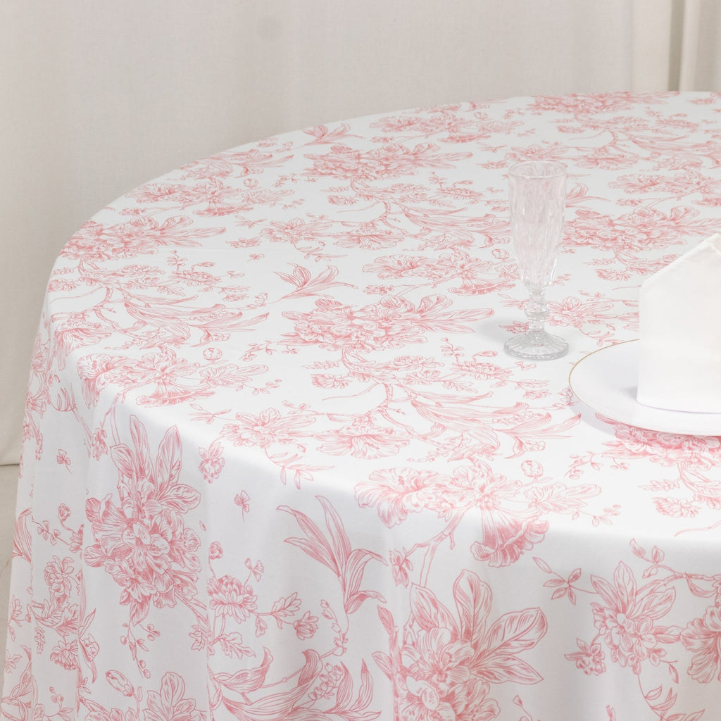 Polyester 108" Round Tablecloth White - Pink French Toile Pattern for Chic Weddings - Bell Racket Store