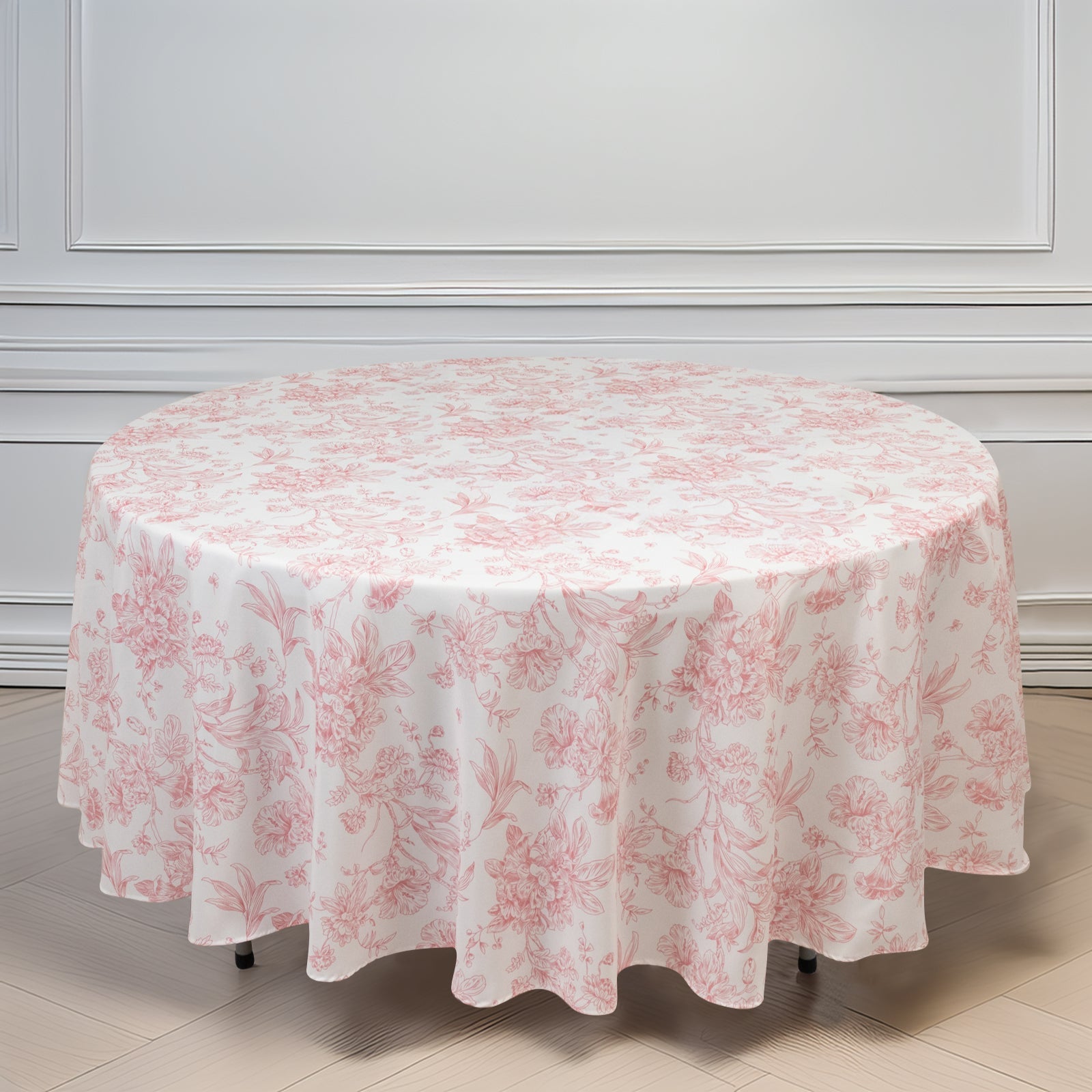 Polyester 108" Round Tablecloth White - Pink French Toile Pattern for Chic Weddings - Bell Racket Store