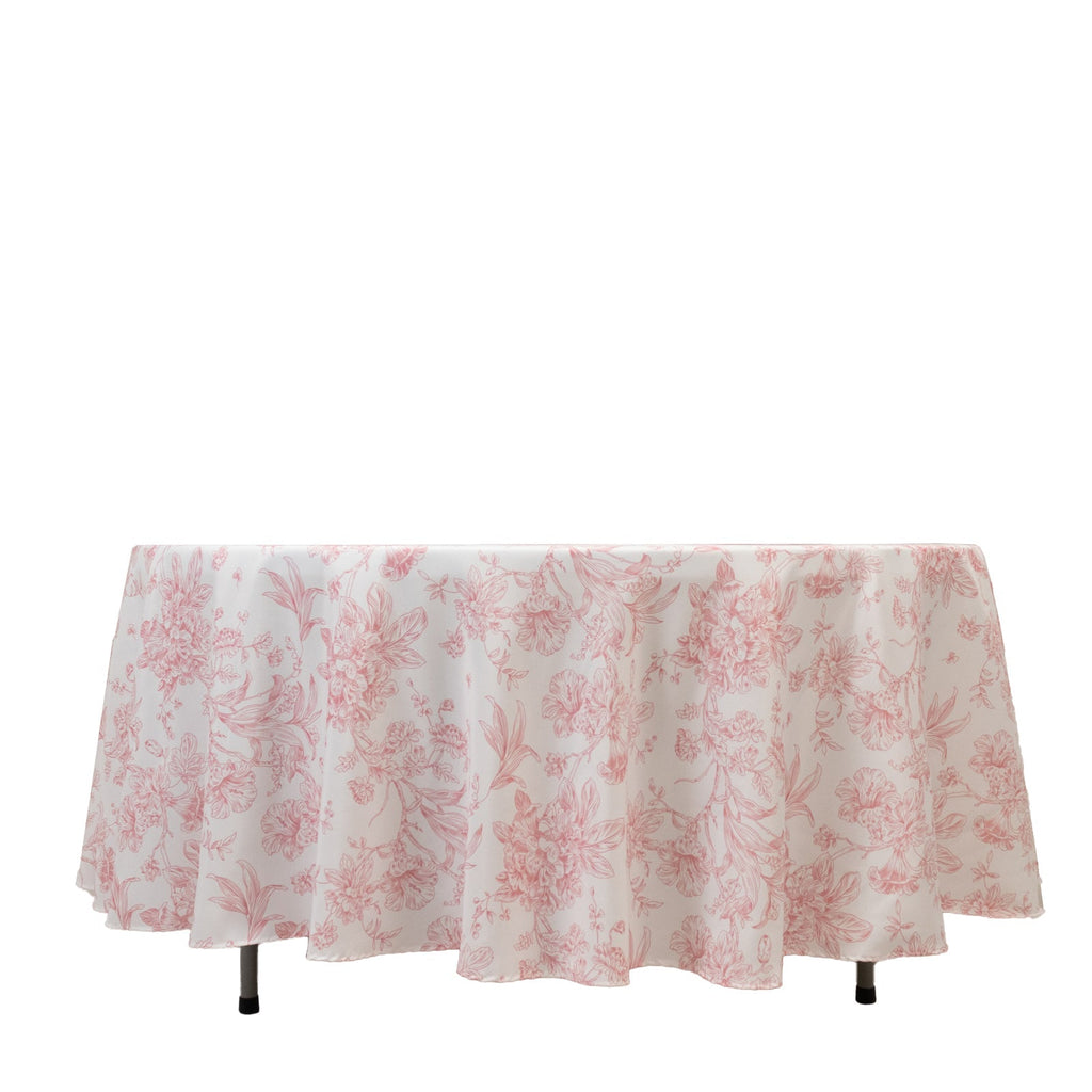 Polyester 108" Round Tablecloth White - Pink French Toile Pattern for Chic Weddings - Bell Racket Store