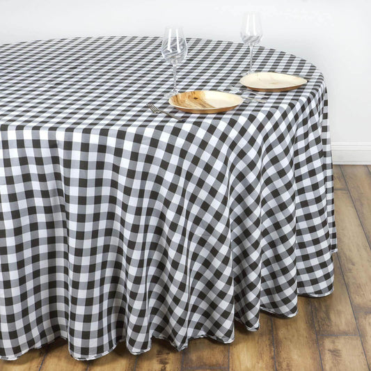 Polyester 108" Round Tablecloth White/Black - Checkered Buffalo Plaid Table Cover - NestOCart