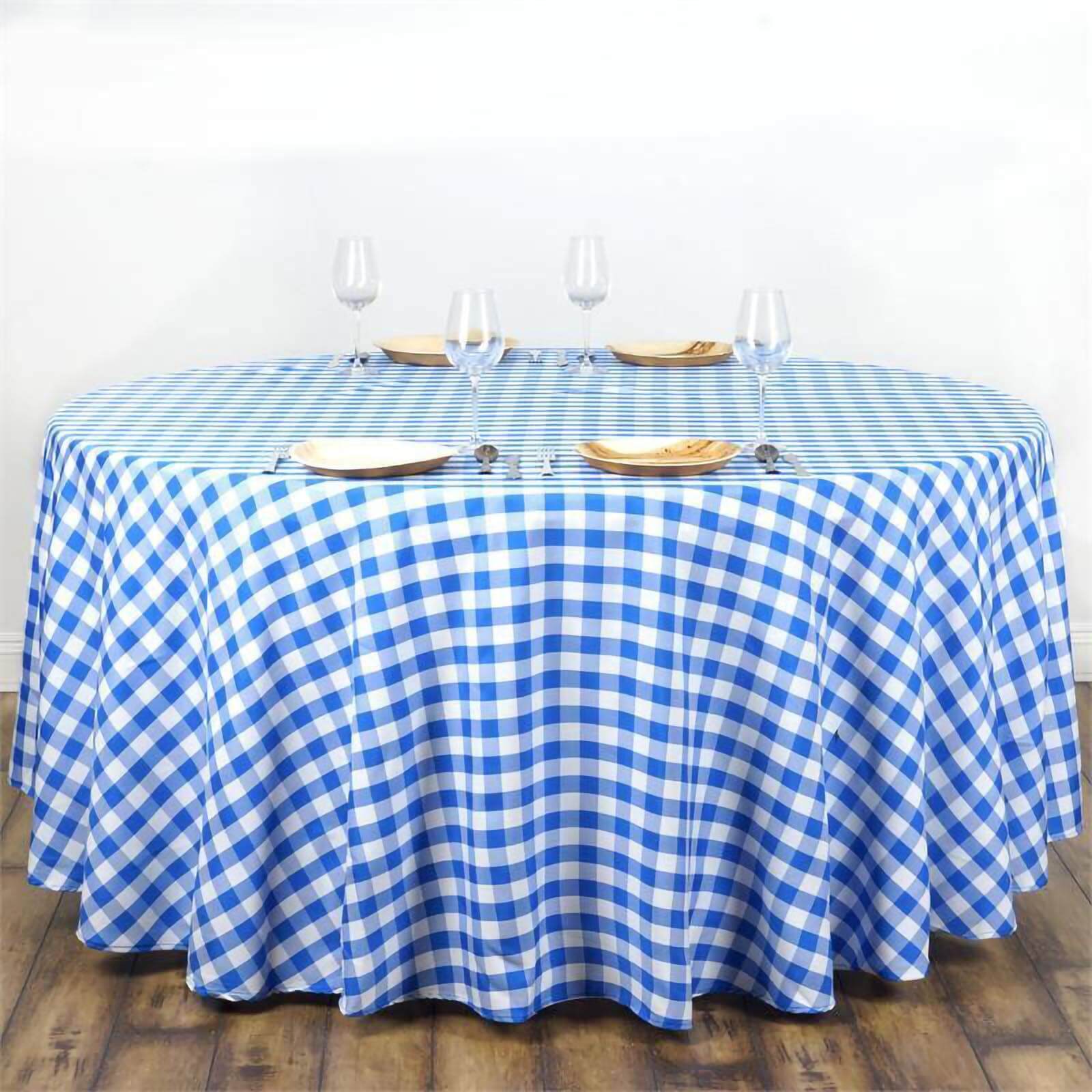 Polyester 108" Round Tablecloth White/Blue - Checkered Buffalo Plaid Table Cover - NestOCart