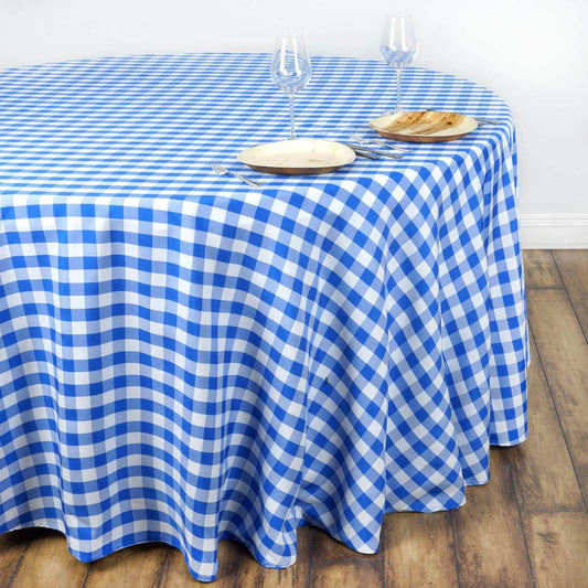 Polyester 108" Round Tablecloth White/Blue - Checkered Buffalo Plaid Table Cover - NestOCart