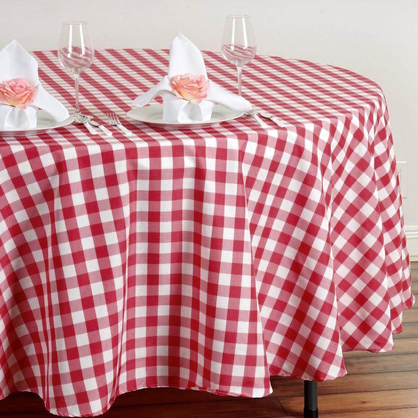 Polyester 108" Round Tablecloth White/Red - Checkered Buffalo Plaid Table Cover - NestOCart