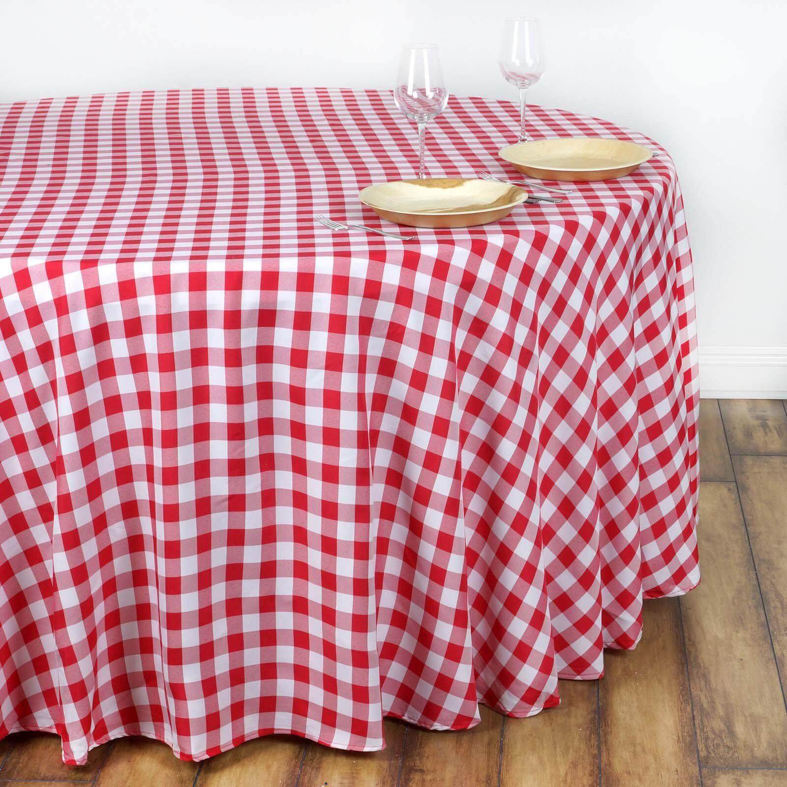 Polyester 108" Round Tablecloth White/Red - Checkered Buffalo Plaid Table Cover - NestOCart