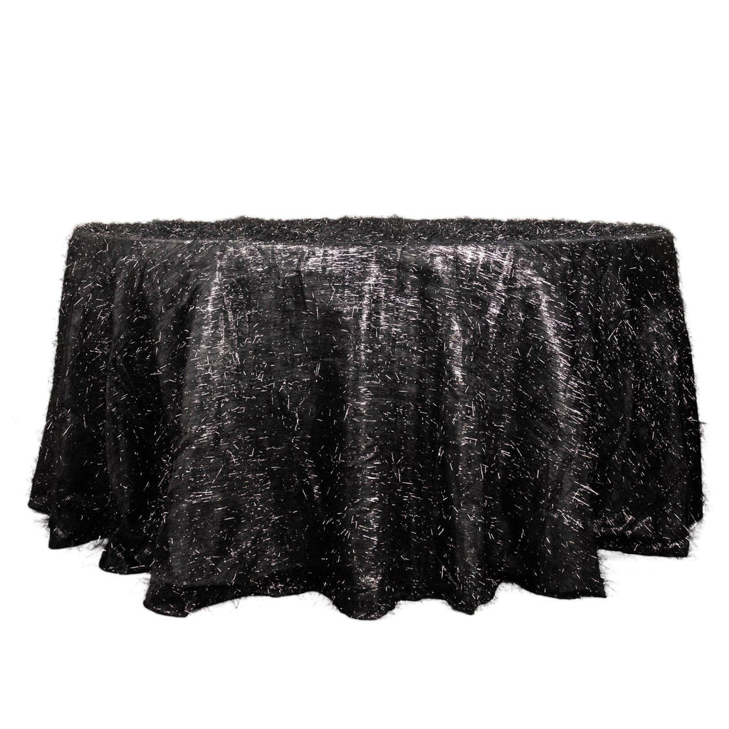 Polyester 120" Round Black Tablecloth Metallic Fringe Shag Tinsel Table Cover - Bell Racket Store