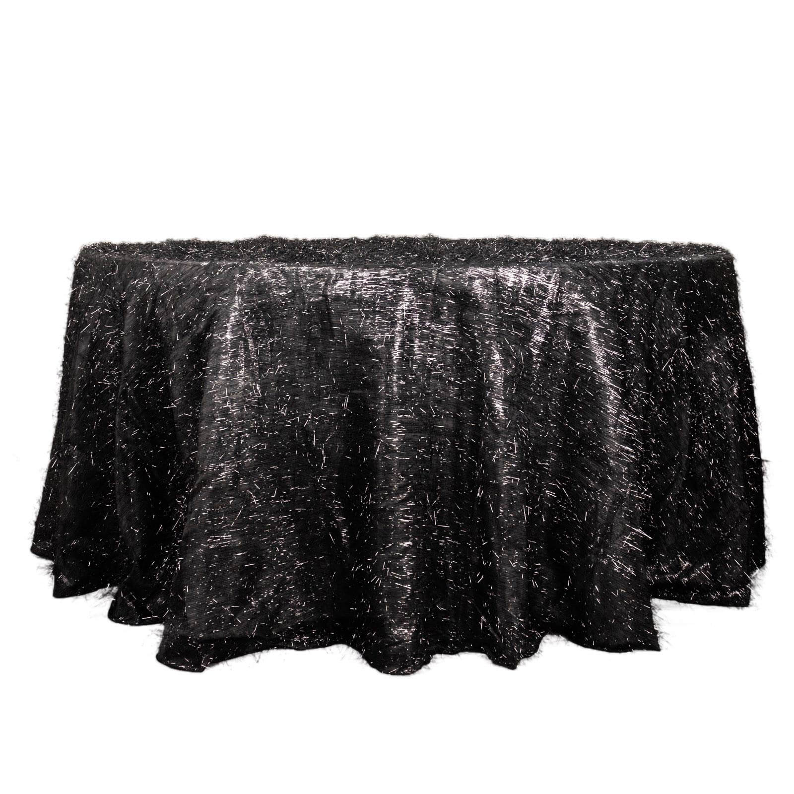 Polyester 120" Round Black Tablecloth Metallic Fringe Shag Tinsel Table Cover - Bell Racket Store