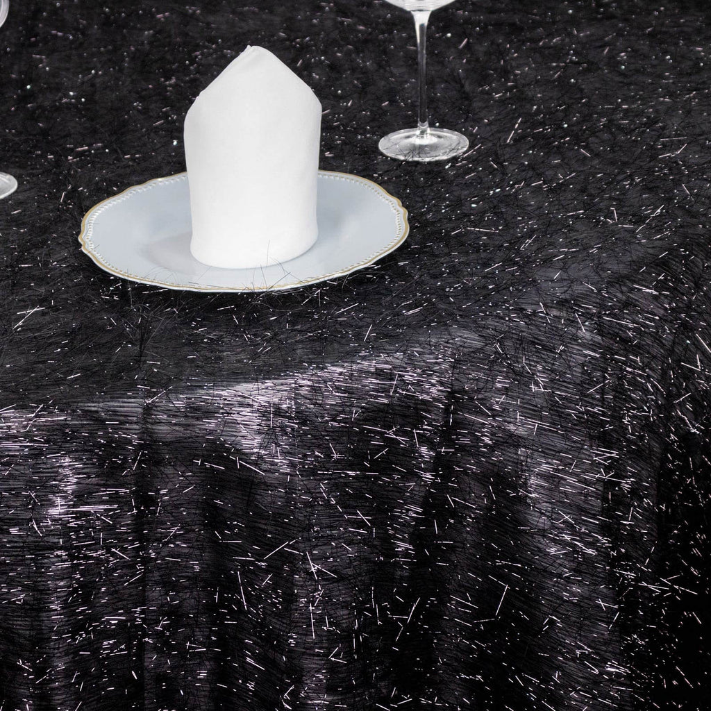 Polyester 120" Round Black Tablecloth Metallic Fringe Shag Tinsel Table Cover - Bell Racket Store