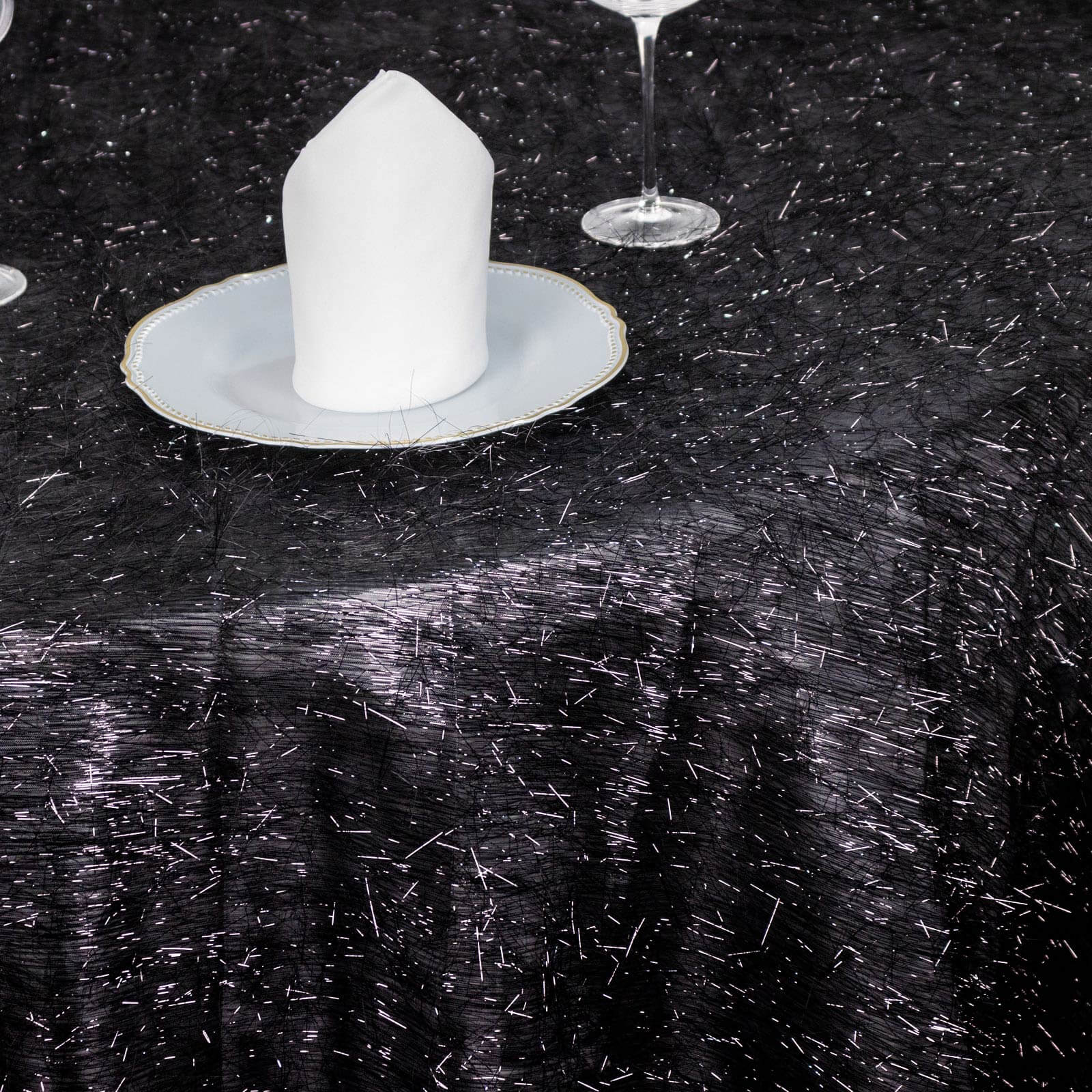 Polyester 120" Round Black Tablecloth Metallic Fringe Shag Tinsel Table Cover - Bell Racket Store