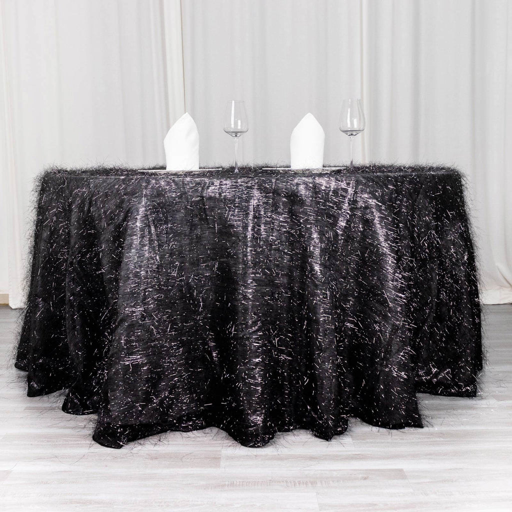 Polyester 120" Round Black Tablecloth Metallic Fringe Shag Tinsel Table Cover - Bell Racket Store