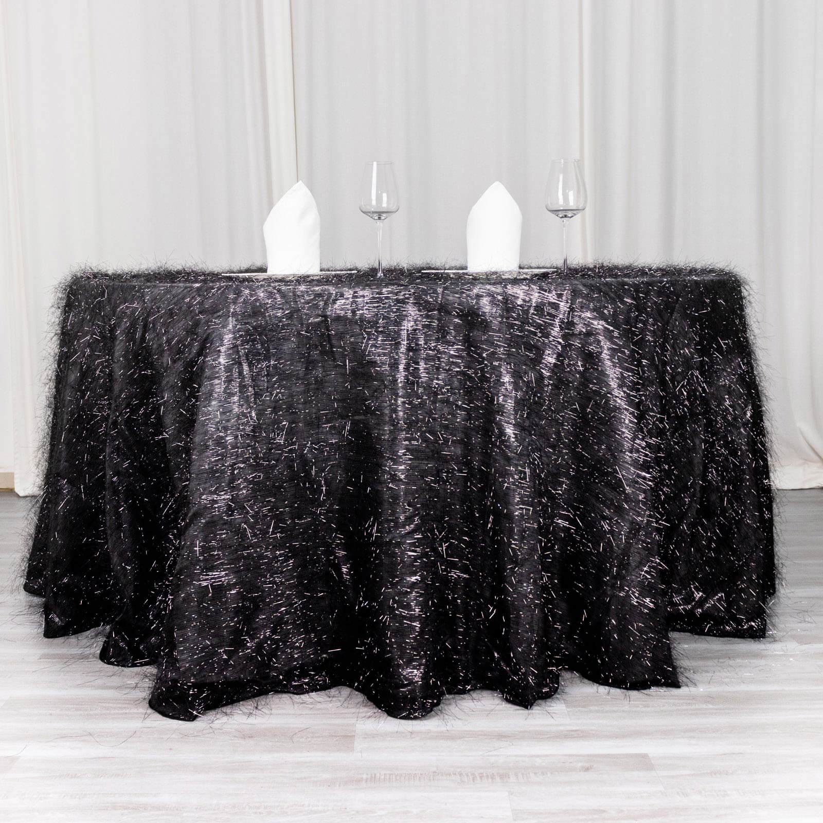Polyester 120" Round Black Tablecloth Metallic Fringe Shag Tinsel Table Cover - Bell Racket Store