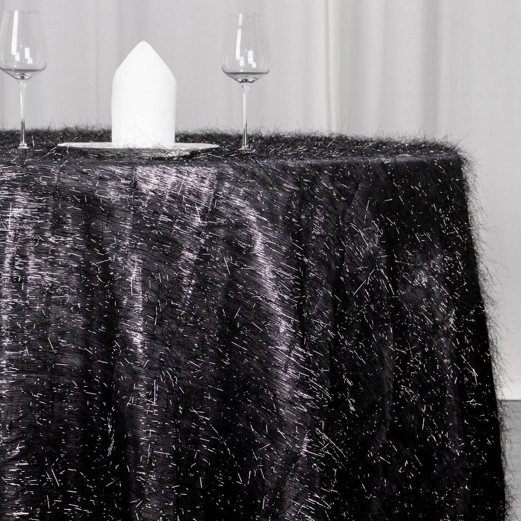 Polyester 120" Round Black Tablecloth Metallic Fringe Shag Tinsel Table Cover - Bell Racket Store