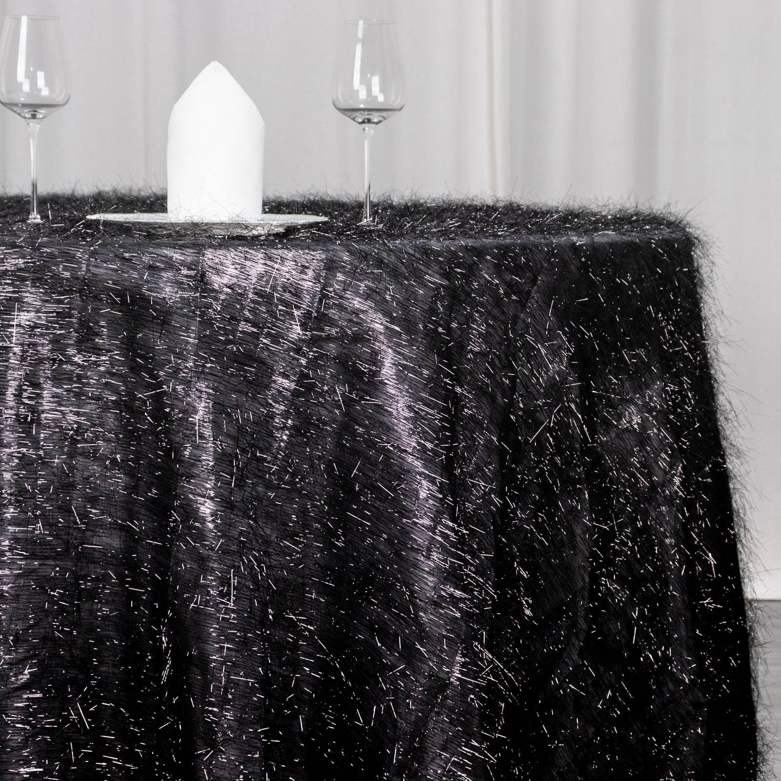 Polyester 120" Round Black Tablecloth Metallic Fringe Shag Tinsel Table Cover - Bell Racket Store