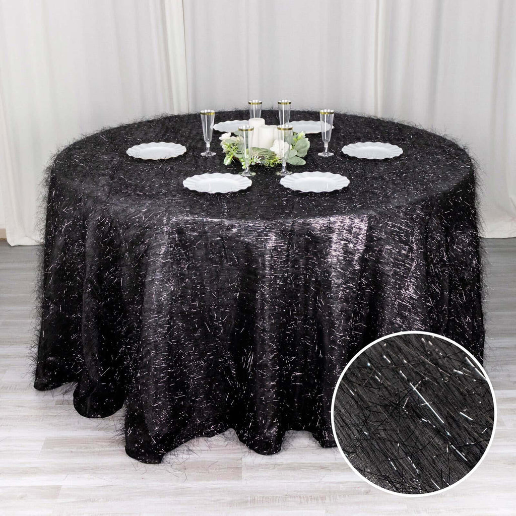 Polyester 120" Round Black Tablecloth Metallic Fringe Shag Tinsel Table Cover - Bell Racket Store
