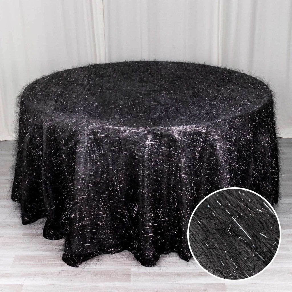 Polyester 120" Round Black Tablecloth Metallic Fringe Shag Tinsel Table Cover - Bell Racket Store