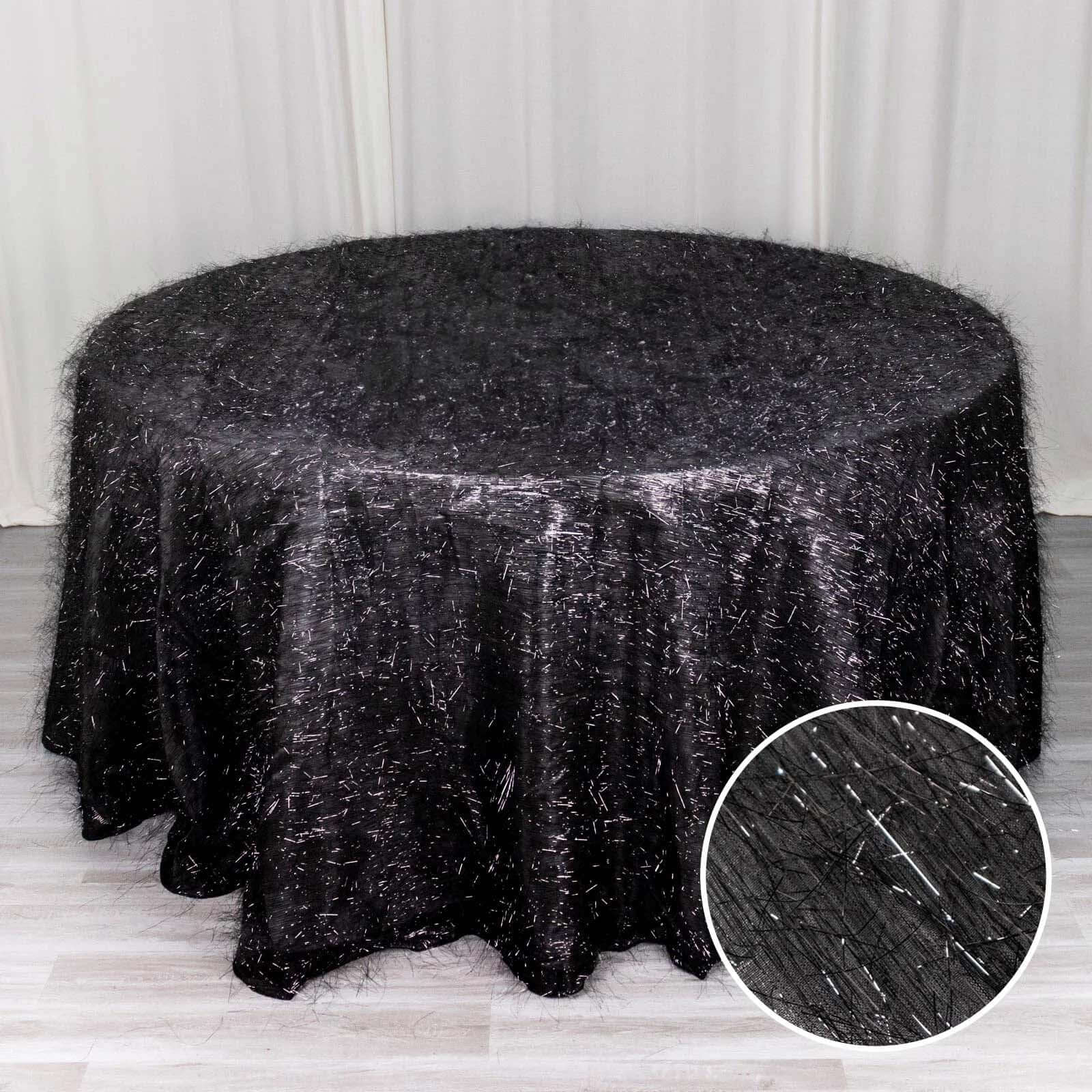 Polyester 120" Round Black Tablecloth Metallic Fringe Shag Tinsel Table Cover - Bell Racket Store