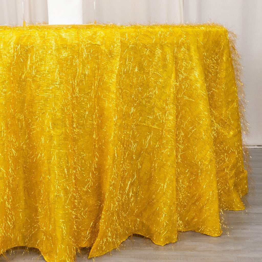 Polyester 120" Round Gold Tablecloth Metallic Fringe Shag Tinsel Design Table Cover for Weddings & Events - Bell Racket Store