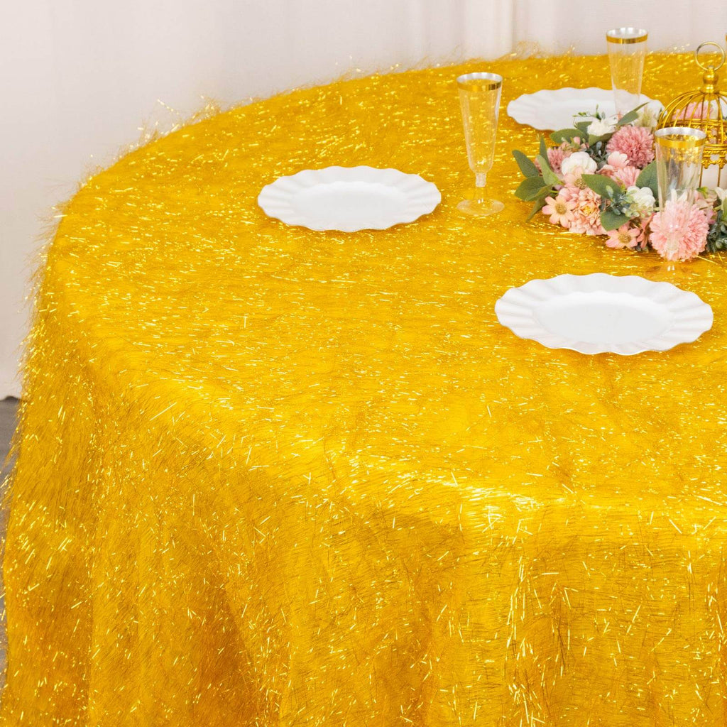 Polyester 120" Round Gold Tablecloth Metallic Fringe Shag Tinsel Design Table Cover for Weddings & Events - Bell Racket Store