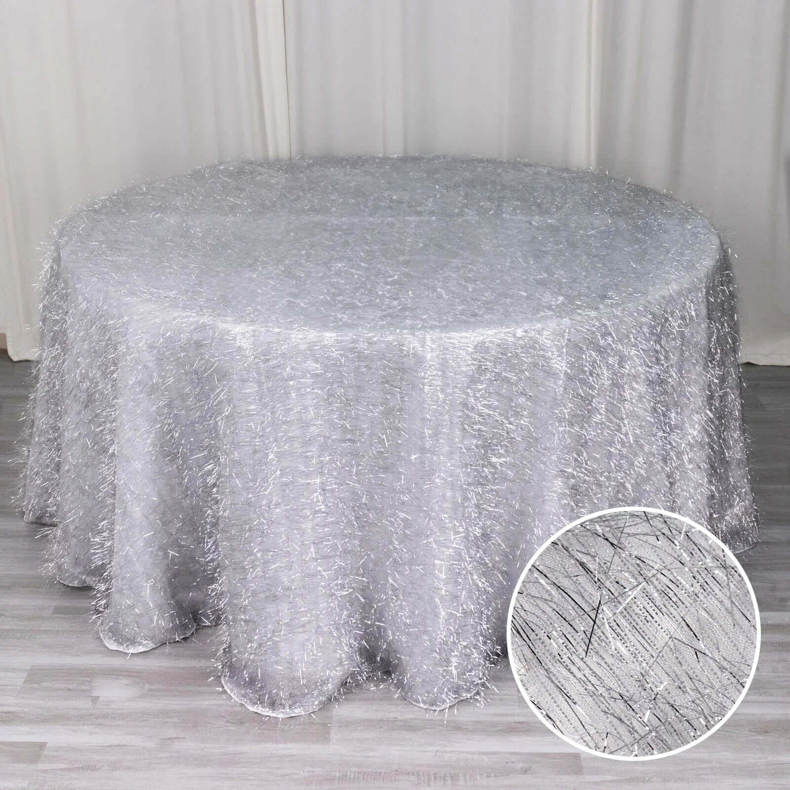Polyester 120" Round Silver Tablecloth Metallic Fringe Shag Tinsel Table Cover - Bell Racket Store